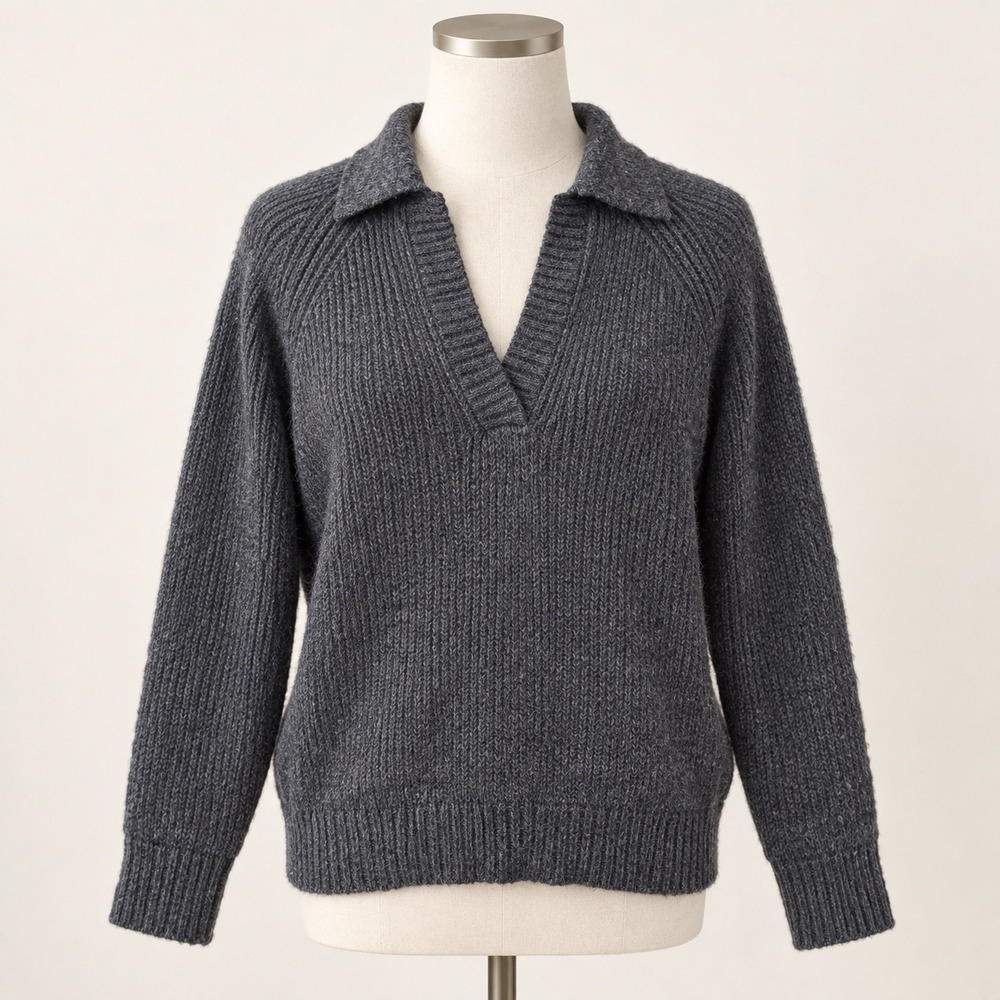 American Eagle Charcoal Grey Ribbed Polo Collar V-Neck Sweater Small